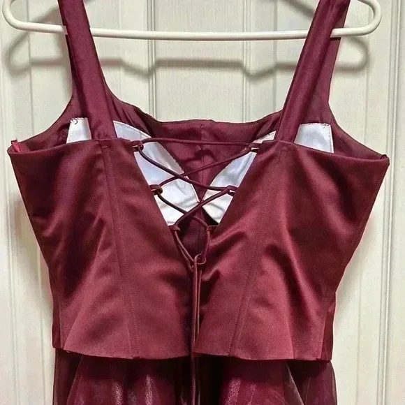 EUC Victorian Shakespeare Formal Corset Dress Floral Beaded Tulle Maxi Burgundy - Picture 2 of 13